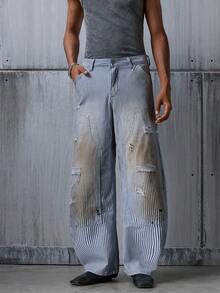 NEON BLANC Men's Pocket Striped Distressed Wide Leg Loose Casual Jeans - Baby Blue - View 1