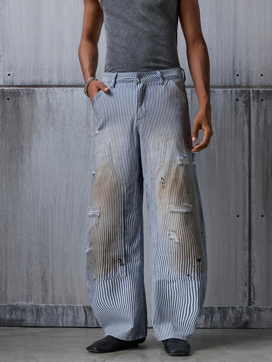 NEON BLANC Men's Pocket Striped Distressed Wide Leg Loose Casual Jeans - Baby Blue - View 1