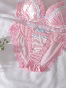 DelicateAllure 2pcs Contrast Color Satin 3/4 Cup Underwire Padded Push Up Balconette Bra Set,Ruchedd Trim, Bow Decor, Comfortable Triangle Cup Women Lingerie Set Pink Lingerie Kawaii Lingerie