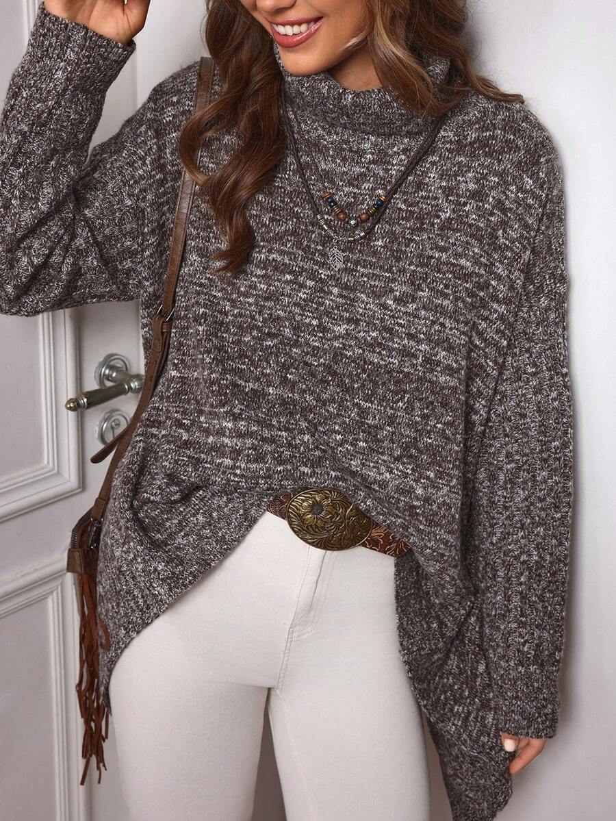 SHEIN LUNE Women's Solid Color High Neck Drop Shoulder Long Sleeve Casual Loose Knit Pullover Sweater - Coffee Brown - View 1