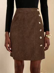 Vesra Women's Fashion Single Side Metal Button Asymmetric Openable High Waist A-Line Skirt - Brown - View 3