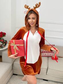 Christmas Deer Antler Fuzzy Trim Plush Tie Sweet Cute Coquette Babydoll Dress, Suitable For Outerwear, Party, Music Festival, Women - Brown - View 3
