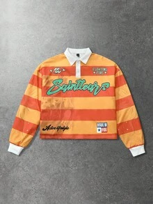 ROMWE MEN Áo Polo tay dài unisex kiểu dáng preppy, in chữ tiếng Anh Mỹ và họa tiết sọc, phong cách đường phố, thu đông, thích hợp mặc mùa thu/đông. - Màu vàng - Xem 6