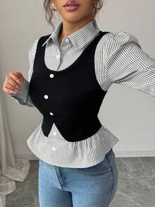 SHEIN Elenzya Camisa de mujer con cuello y cintura acanalados en patchwork acanalado - Negro - Ver 3