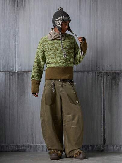 NEON BLANC Men's Contrast Color Round Neck Drop Shoulder Long Sleeve Casual Loose Knit Sweater, Autumn/Winter,Wool