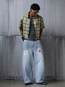 NEON BLANC Men's Short Sleeve Single-Breasted Yellow Spider Web Textured Rhinestone Embellished Shirt - Yellow - View 6