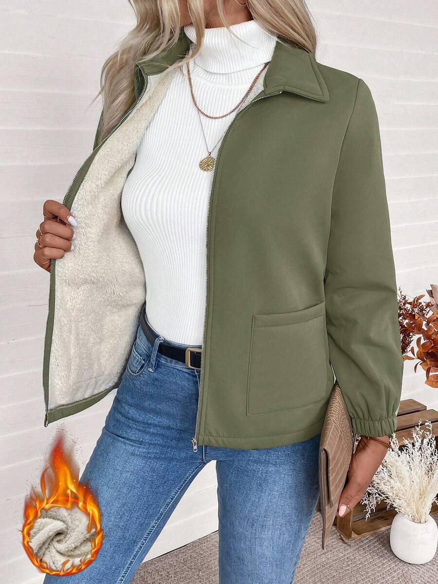 EMERY ROSE Women's Solid Color Casual Zip-Up Thermal Lined Long Sleeve Jacket, Autumn/Winter - Army Green - View 1