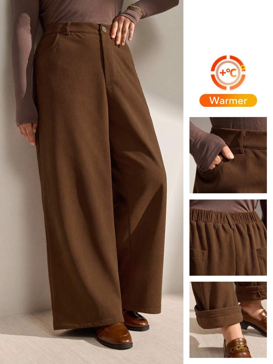 Momelise 大码女式宽松直筒复古灯芯绒裤，休闲百搭 - 咖啡棕 - 查看 1