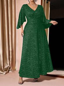 Allurite Plus Size Sequin Patchwork V-Neck Elegant Dress - Dark Green - View 3
