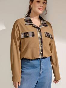Momelise Plus Size Khaki Plaid Patchwork Blouse Wrinkle Resistant Woven Fabric Regular Length Shirt - Khaki - View 7