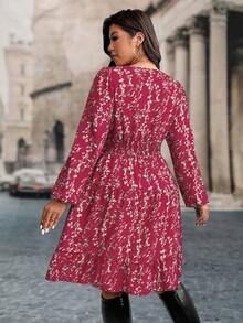 SHEIN LUNE Plus Size Women Floral Print Long Sleeve Ruffle Hem Dress, Autumn - Hot Pink - View 2