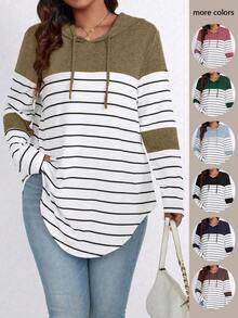 EMERY ROSE Plus Size Striped Color Block Hooded Long Sleeve T-Shirt With Drawstring Graphic Tees Women Tops For Spring - Khaki - View 1