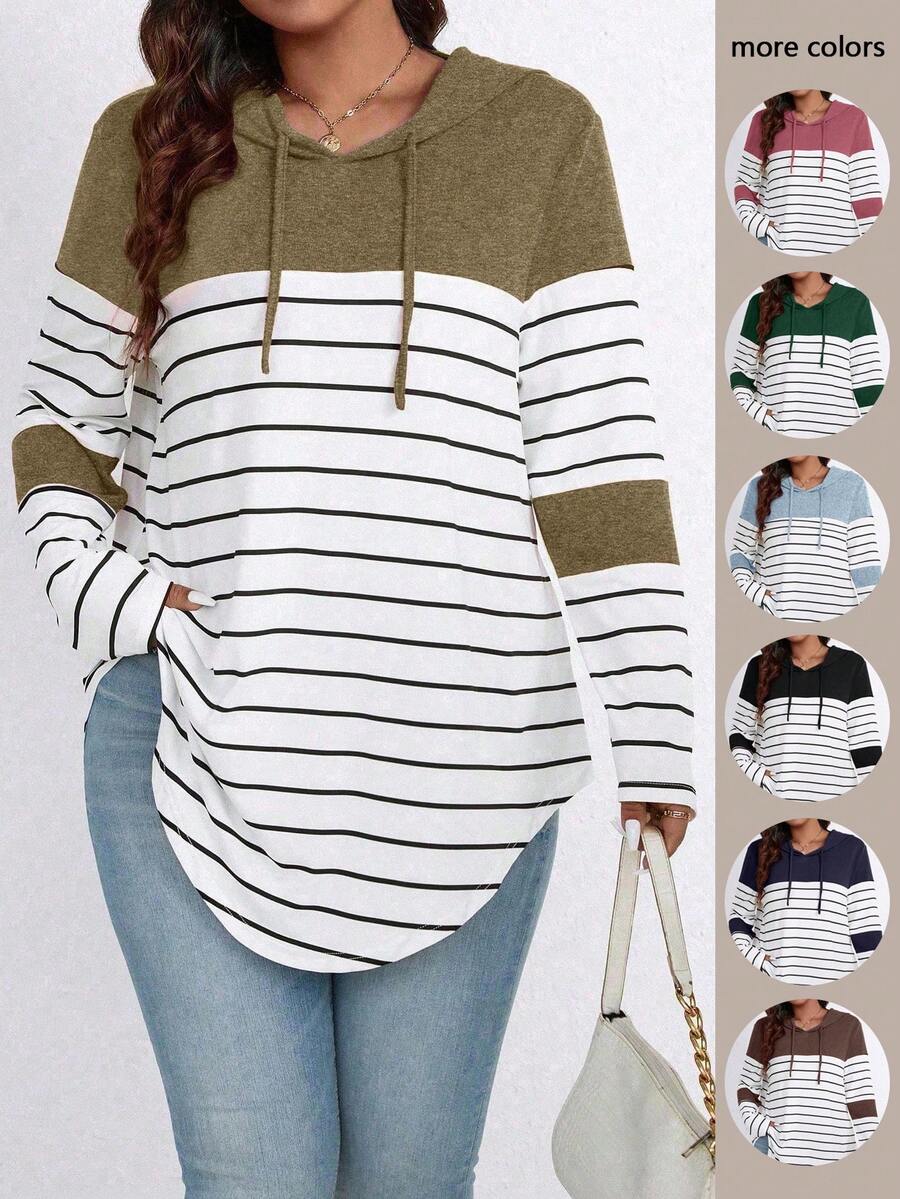 EMERY ROSE Plus Size Striped Color Block Hooded Long Sleeve T-Shirt With Drawstring Graphic Tees Women Tops For Spring - Khaki - View 1