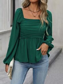 EMERY ROSE 女式纯色方领灯笼袖荷叶边下摆时尚衬衫 - 墨綠色 - 查看 4