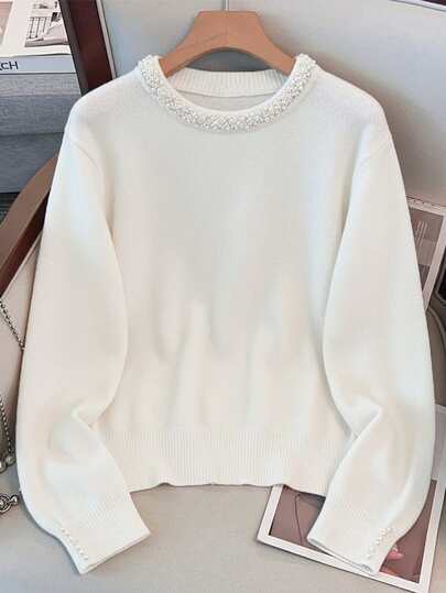 GlowEve CURVE Plus Size Elegant Pearl Embellished Crew Neck Long Sleeve Sweater