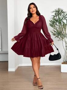 Vionelle Vestido de fiesta con mangas abullonadas, escote en V y ajuste ceñido para tallas grandes - Burdeos - Ver 7
