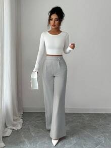 Elenzga Pantalones rectos sueltos y fluidos de tela de bambú rosa con diseño de hebilla de superposición frontal en la cintura, elegante uniforme de maestro, profesional y casual, esencial para Acción de Gracias y Halloween - Gris - Ver 7