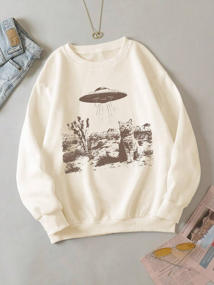 Manfinity Dauomo Men's Casual Cat Print Loose Drop Shoulder Sweatshirt - Apricot - View 1