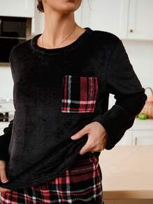 Lazeform Damen Karomuster Taschen Langarm Top & Lange Hose Kuschelige Flauschige Pyjama Kleidung Set, Herbst/Winter Damen Loungewear Sets Karierte Flauschige Pyjamas Damen, Weihnachten - Schwarz - Übersicht 10