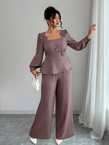 Elenzga Bộ 2 món áo và quần cổ vuông viền bèo nhún họa tiết hoa thanh lịch cỡ lớn, mùa thu - Bụi tím - Xem 6