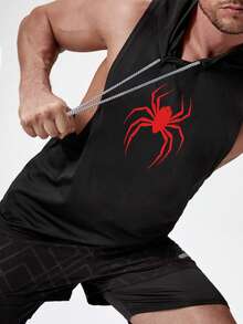 GymBeat 蜘蛛印花连帽领时尚夏季运动背心 - 黑色 - 查看 3