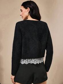 Penseblé Women's Fashion Round Neck Beaded Bowknot Hem Contrast Lace Cardigan Sweater Jacket, Black, Suitable For Christmas And New Year - Black - View 2
