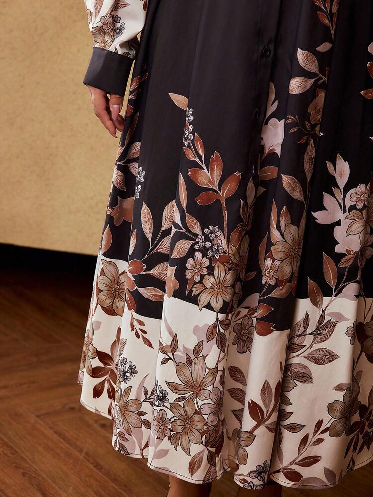 VESTIDO ELEGANTE DE LONGITUD MEDIA CON CINTURA CEÑIDA, CUELLO DE CAMISA, BOTONES Y ESTAMPADO FLORAL PARA MUJER TALLA GRANDE (CON CINTURÓN)