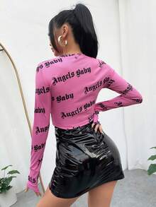 Chiquease 春季女士短款长袖T恤印花上衣 - 粉色 - 查看 2