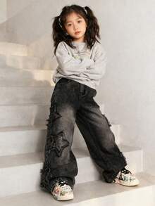 Sparklyn Tween Girls Y2K 风格女孩牛仔裤，黑色，五角星刺绣贴片，直筒宽松版型，舒适柔软面料，日常时尚百搭