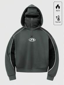 ROMWE MEN Street Life 男女通用连帽卫衣，带口罩，英文图案印花，秋冬休闲长袖上衣 - 深灰色 - 查看 3