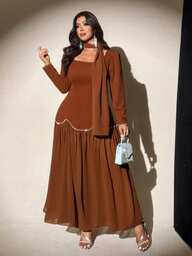 Viva Relle Plus Size Autumn/Winter Party Dress, Wedding Guest Long Sleeve Puff Sleeve Square Neck Waist Cinched A-Line Pearl Decor Elegant Romantic Delicate Chiffon Flowing Maxi Dress