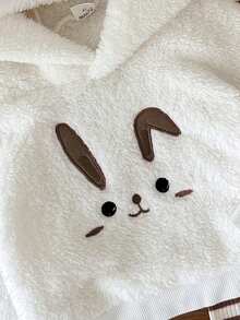 SHEIN 2 件套女婴兔子刺绣连帽衫，配有兔耳朵和白色毛绒滚边，红白条纹裤套装，时尚可爱 - 咖啡棕 - 查看 3