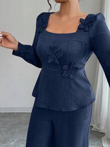 Elenzga Plus Size Women 3D Floral Decor Square Collar Blouse And Wide Leg Pants Elegant 2 Pieces Set - Navy Blue - View 5
