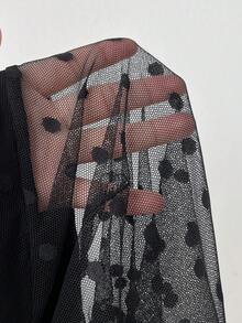 Viva Relle 性感透视波点网纱打底长袖加大码女式上衣，红色，适合圣诞派对 - 黑色 - 查看 7