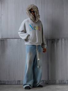 NEON BLANC Felpa da uomo a maniche lunghe con motivo, moda con cappuccio in pile, ampia, con cappuccio corto - Grigio - Visualizzare 5