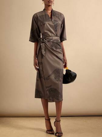 Vesra Women's Elegant V-Neck Criss-Cross Tie Bow Leopard Animal Print Long Sleeve Midi Dress, Versatile For Commute, Vacation And All Seasons