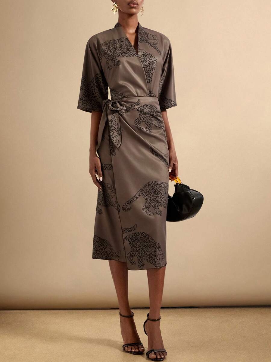 Vesra Women's Elegant V-Neck Criss-Cross Tie Bow Leopard Animal Print Long Sleeve Midi Dress, Versatile For Commute, Vacation And All Seasons - Multicolor - View 1