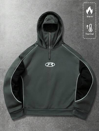 Street Life Unisex Hooded Sweatshirt With Mask, English Graphic Print, Casual For Autumn/Winter