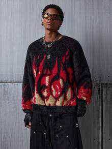 NEON BLANC Men's Flame Pattern Fleece Pullover Sweater, Winter - Black - View 2