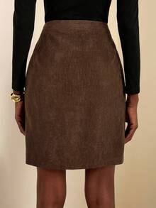 Vesra Women's Fashion Single Side Metal Button Asymmetric Openable High Waist A-Line Skirt - Brown - View 2