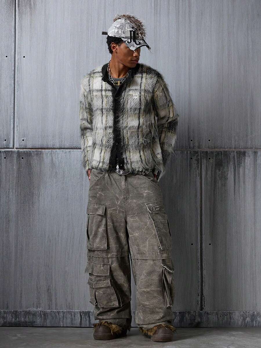 NEON BLANC 男士抓绒格子长袖开襟休闲针织毛衣开衫，秋冬季，羊毛 - 黃色 - 查看 1