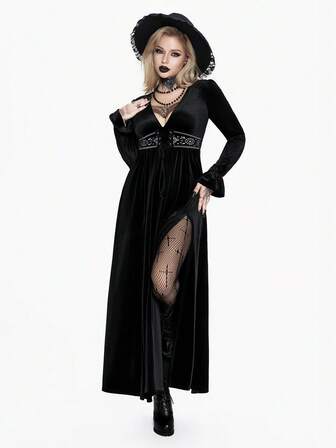 Breakform Goth  Velvet Dress Women's Gothic Elegant Deep V-Neck Embroidered Waist Lace-Up Flare Sleeve High Slit Dress, Suitable For Daily Outings, Festivals, And Parties
