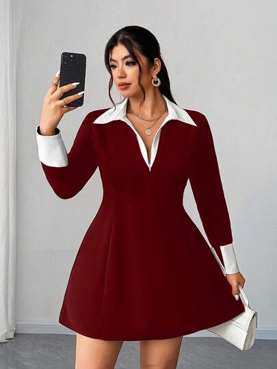 Viva Relle 大码女式优雅黑色长袖二合一拼布连衣裙