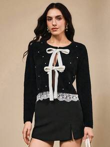 Penseblé Women's Fashion Round Neck Beaded Bowknot Hem Contrast Lace Cardigan Sweater Jacket, Black, Suitable For Christmas And New Year - Black - View 5