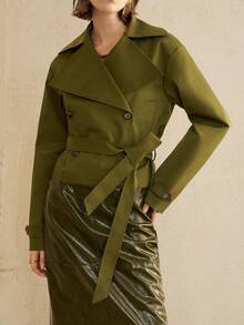 Revavyn Áo khoác gió ngắn hai hàng khuy vải xương cá ve áo dành cho nữ, thích hợp khi đi làm - xanh quân đội - Xem 5