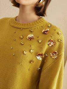 Arave Women's Loose Fit Sweater With Sequins Embellishment And Sequins Design, Suitable For Daily Commute - Yellow - View 8