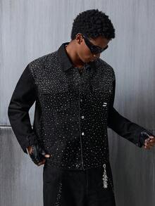 NEON BLANC Men's Fashionable Rhinestone Embellished Denim Jacket, Autumn - Black - View 3