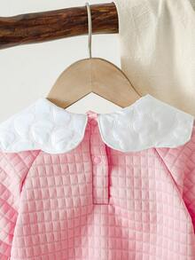SHEIN Vintaside Kids 女婴简约时尚针织提花灯笼袖连体衣，适合外出和聚会，秋冬季 - 粉色 - 查看 7