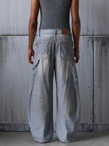 NEON BLANC Men's Pocket Striped Distressed Wide Leg Loose Casual Jeans - Baby Blue - View 2