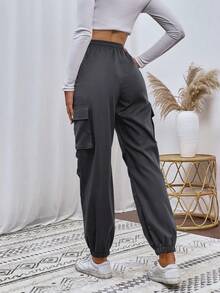 SHEIN Unity 纯色抽绳腰带口袋休闲工装慢跑裤 - 深灰色 - 查看 2
